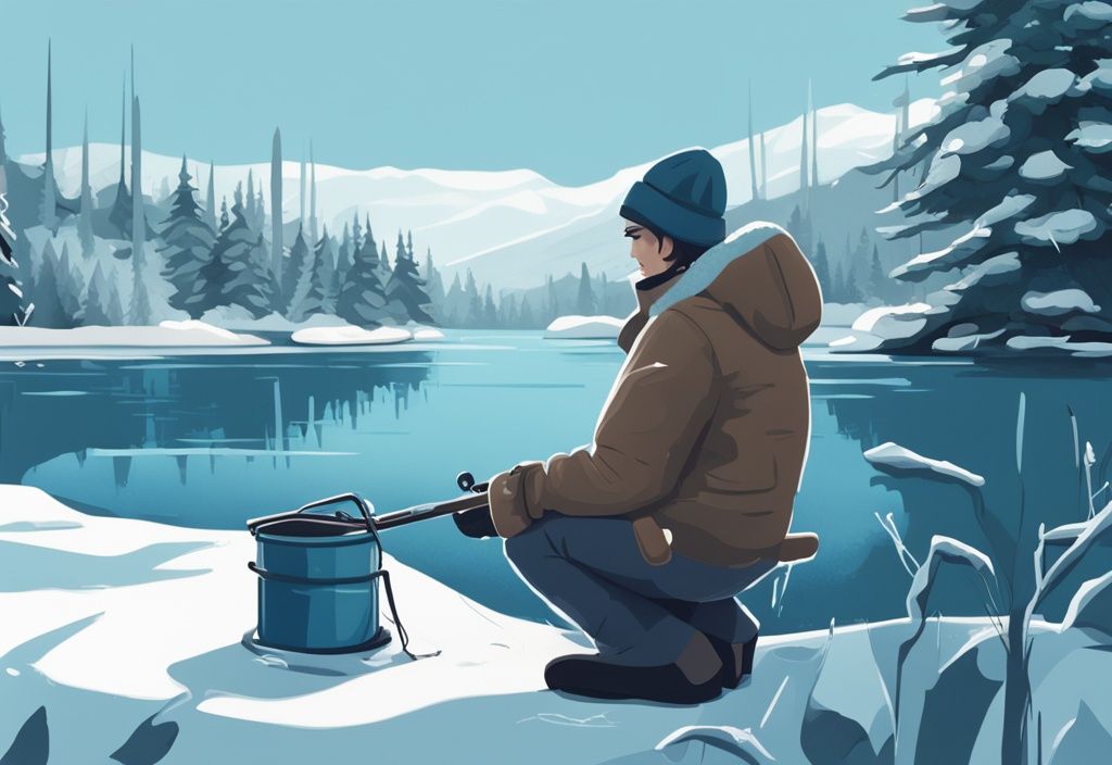 Modern digital painting of best winter fishing gloves on icy fishing rod, snowy lake, and evergreens in background.