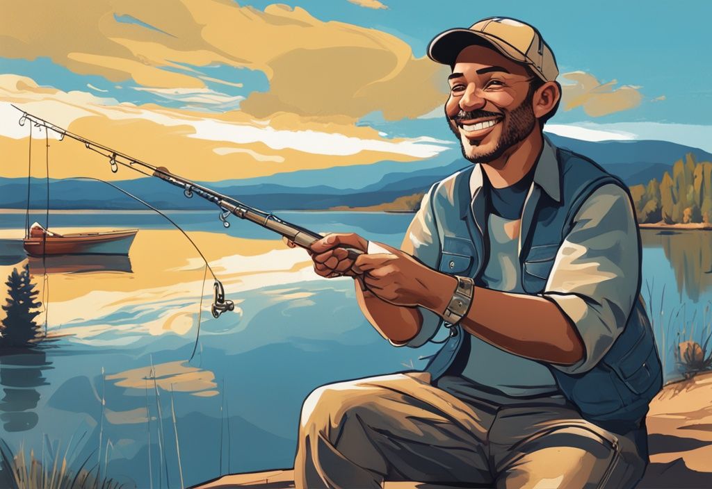 Digital painting of person with fishing license by New Mexico lake, blue theme.