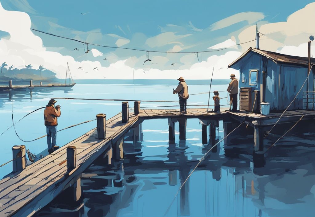 Modern digital painting of jetty fishing, featuring an angler casting a line into a tranquil blue sea from a busy, sunlit jetty filled with fishermen.