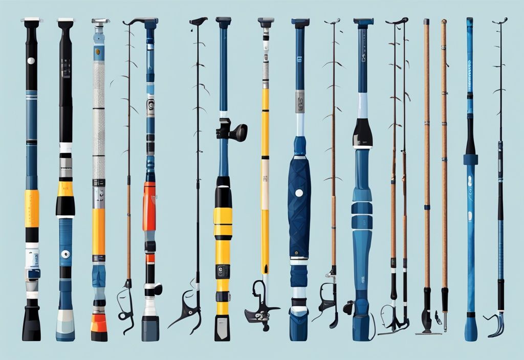 Modern digital painting illustration showcasing the best 10 fishing pole brands with unique features and blue color theme.