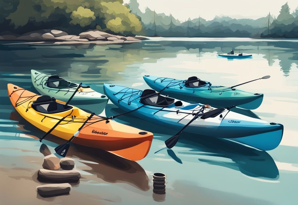 Modern digital painting illustration featuring the best 5 fishing kayaks under $1000 in a serene outdoor setting by a body of water, with a predominant blue color theme.