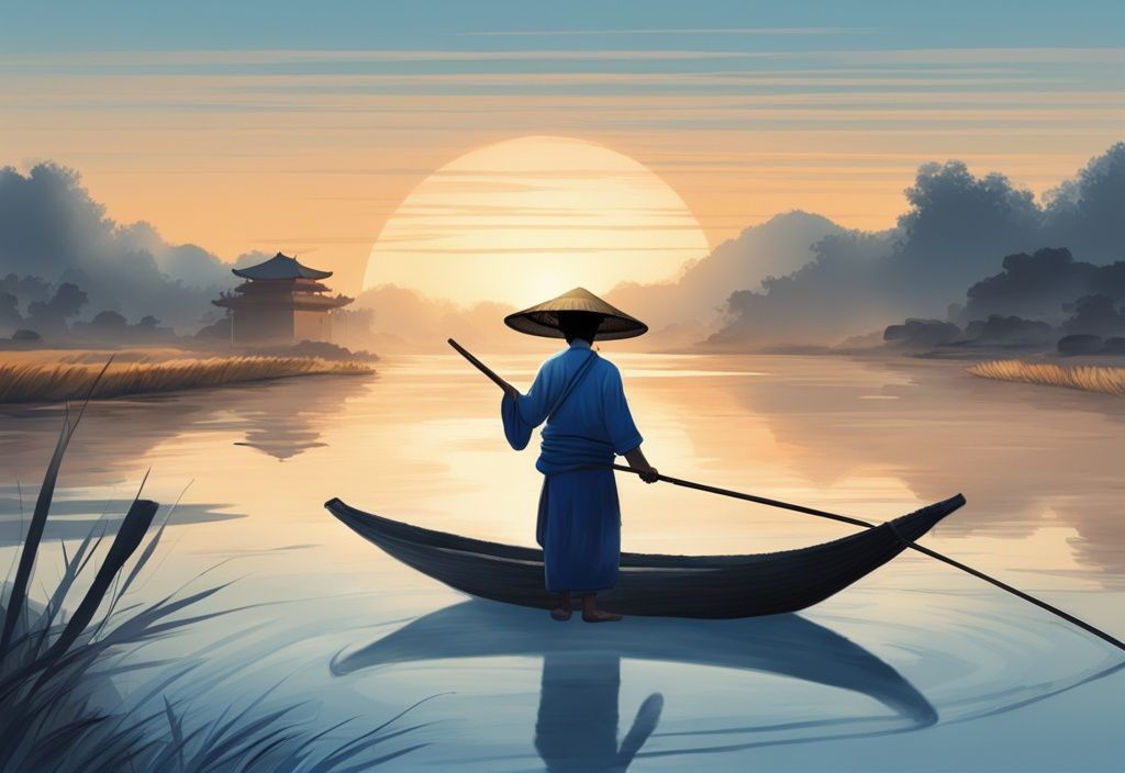 Modern digital painting of a traditional Asian fisherman in a straw hat casting a net into a serene river at sunrise, illustrating what is Asian fishing.