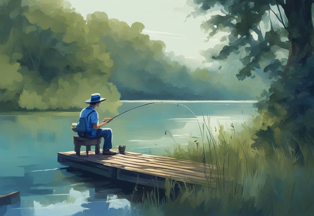 Digital painting of a person fishing on a wooden dock in Alabama, surrounded by lush greenery, with a blue color theme.