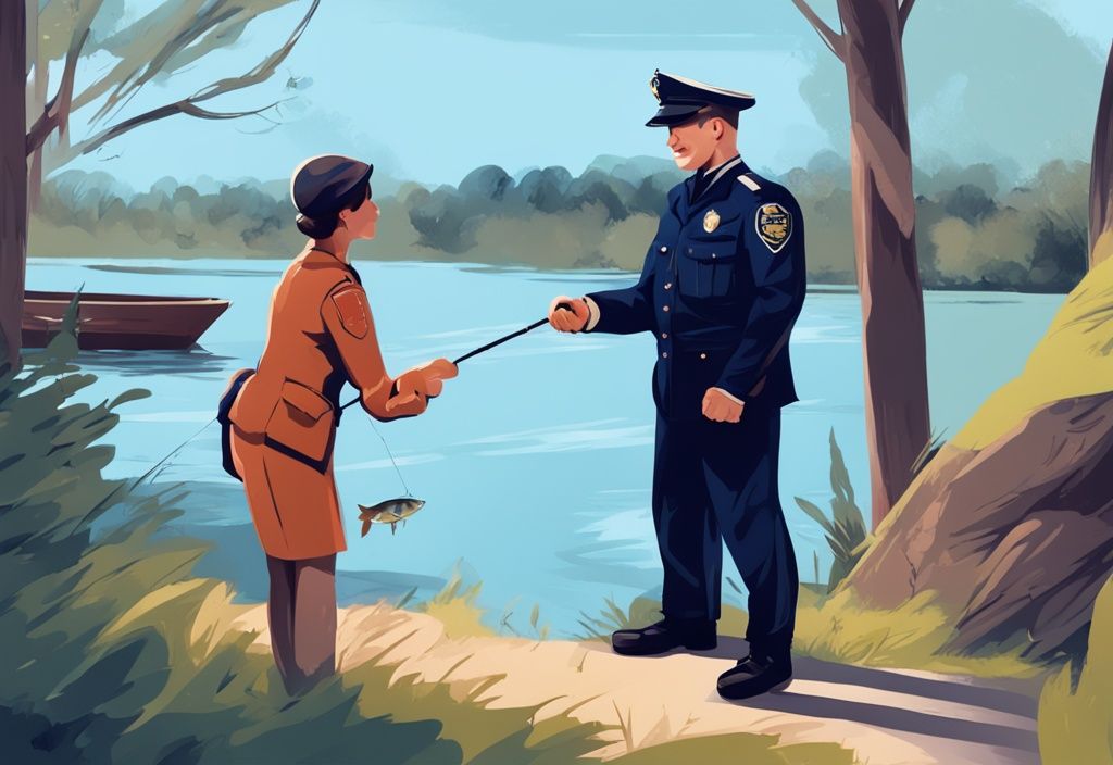 Modern digital painting of a uniformed officer giving a ticket to a surprised angler with a fishing rod by a blue-themed river or lake.