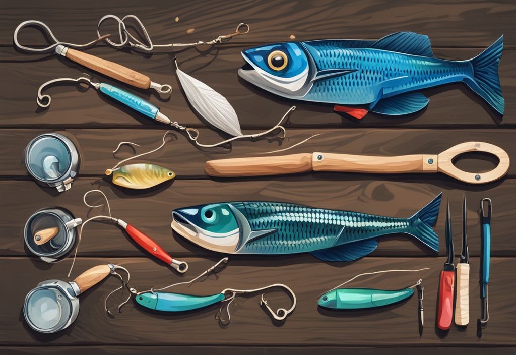 Modern digital painting of colorful fishing lures on rustic wooden table with tools and materials, blue color theme.