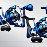 Modern digital painting of the best 3 Daiwa spinning reels in a triangular formation, highlighting their sleek design and advanced features with a blue color theme.