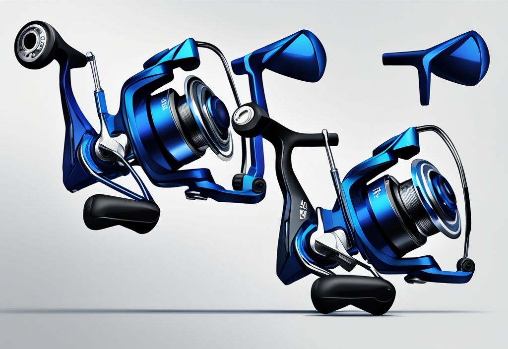 Modern digital painting of the best 3 Daiwa spinning reels in a triangular formation, highlighting their sleek design and advanced features with a blue color theme.