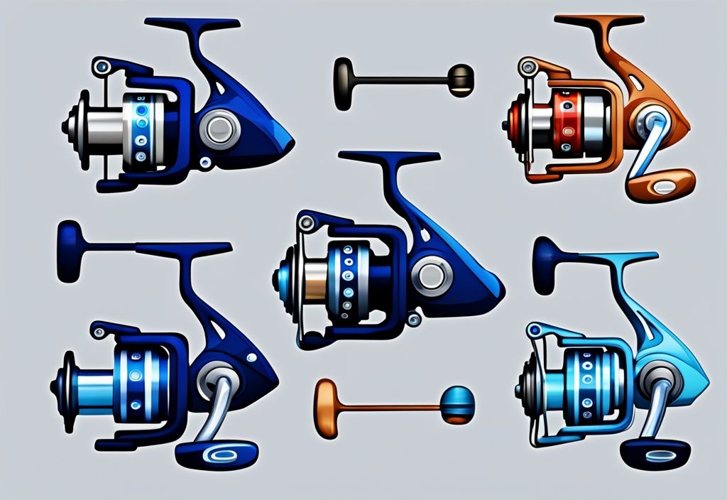 Modern digital painting of top 8 inshore spinning reels, blue color theme, best market ranking.