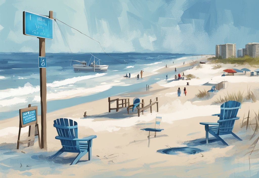 Modern digital painting of Gulf Shores beach with blue color theme, featuring people fishing and artistically designed signs detailing beach fishing rules.