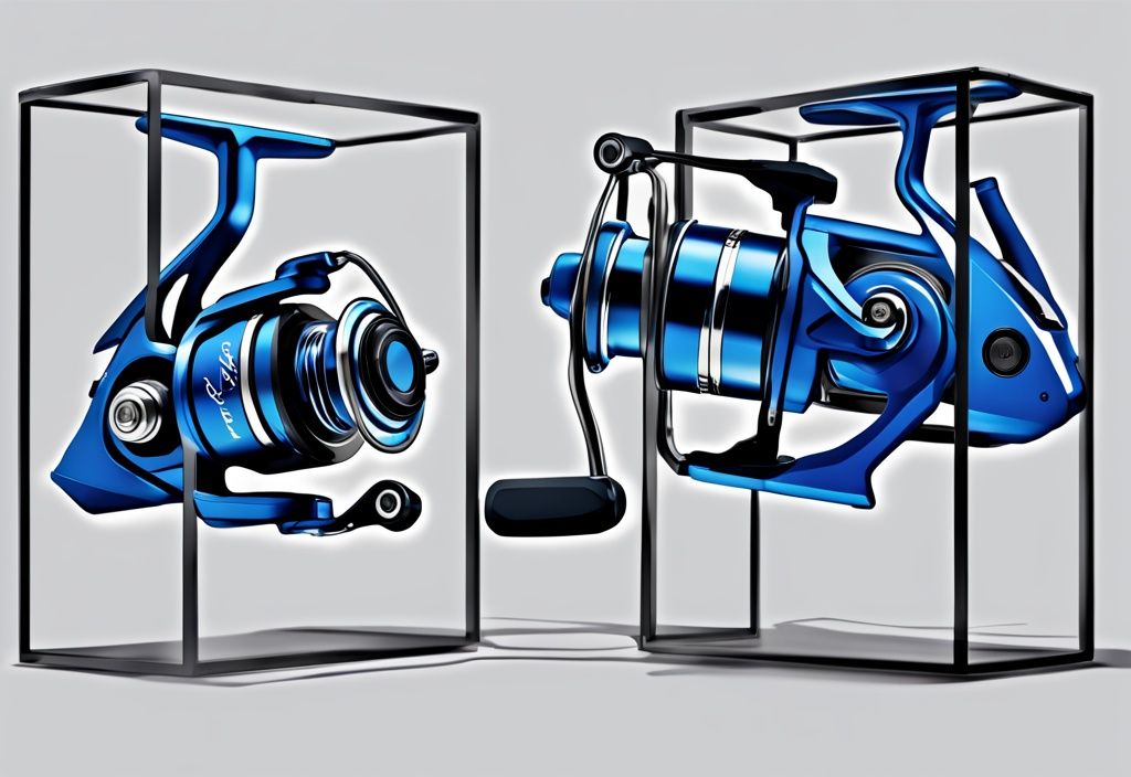 Modern digital painting of three Daiwa spinning reels in blue, highlighting design, features, and craftsmanship.