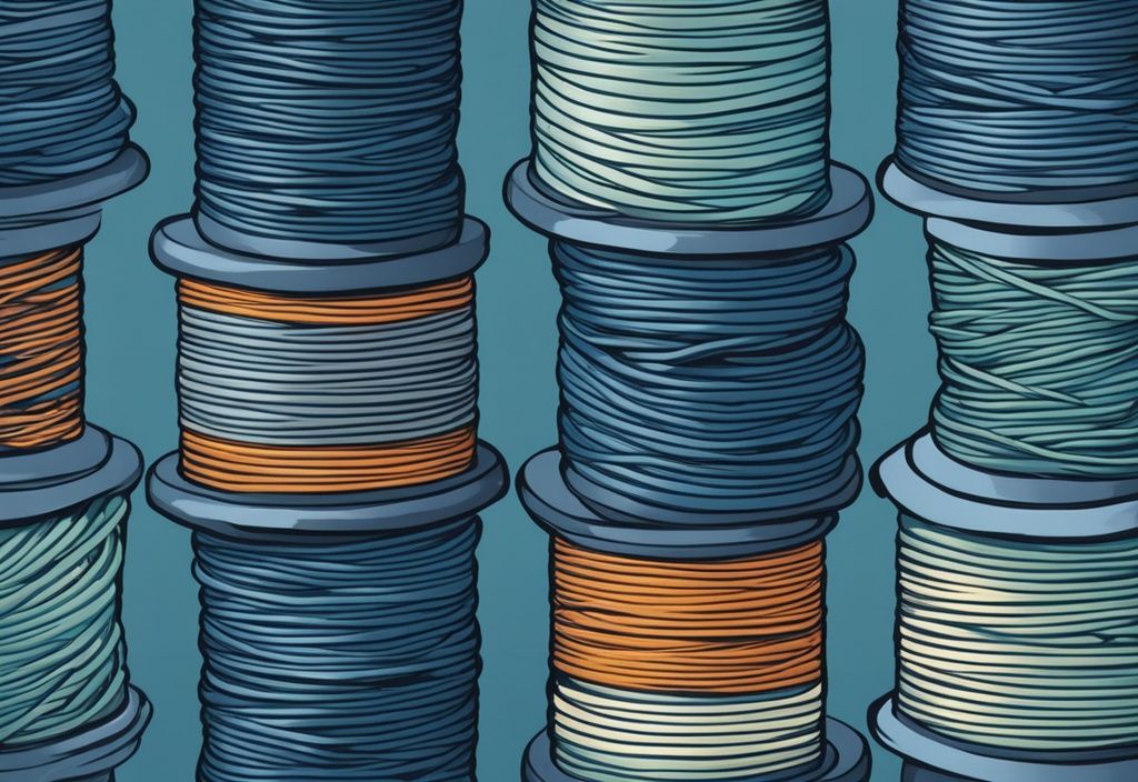 Modern digital painting of top-rated fishing lines on serene blue water background, showcasing various strengths and materials in vibrant colors.