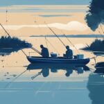 Modern digital painting of best baitcasters for beginners against a serene fishing scene with a blue color theme.