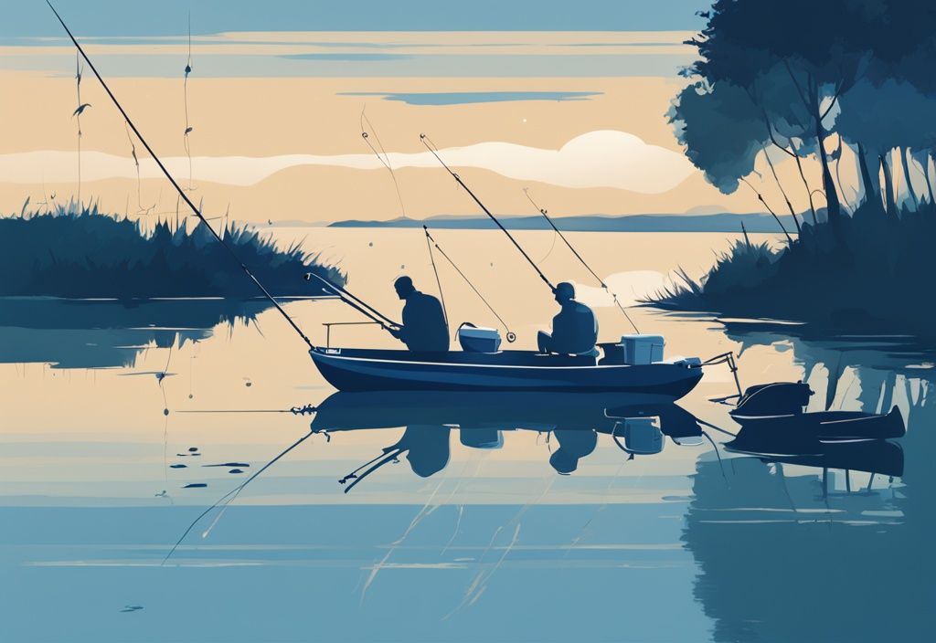 Modern digital painting of best baitcasters for beginners against a serene fishing scene with a blue color theme.