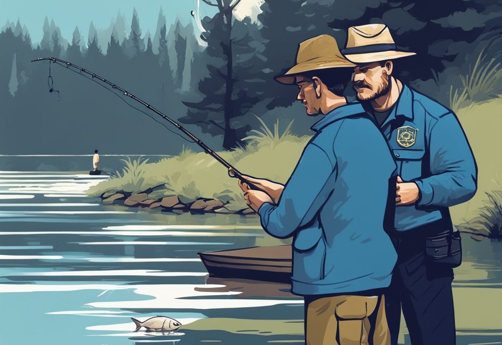 Digital painting of a fisherman receiving a notice from a park ranger for fishing regulation violation, blue color theme.