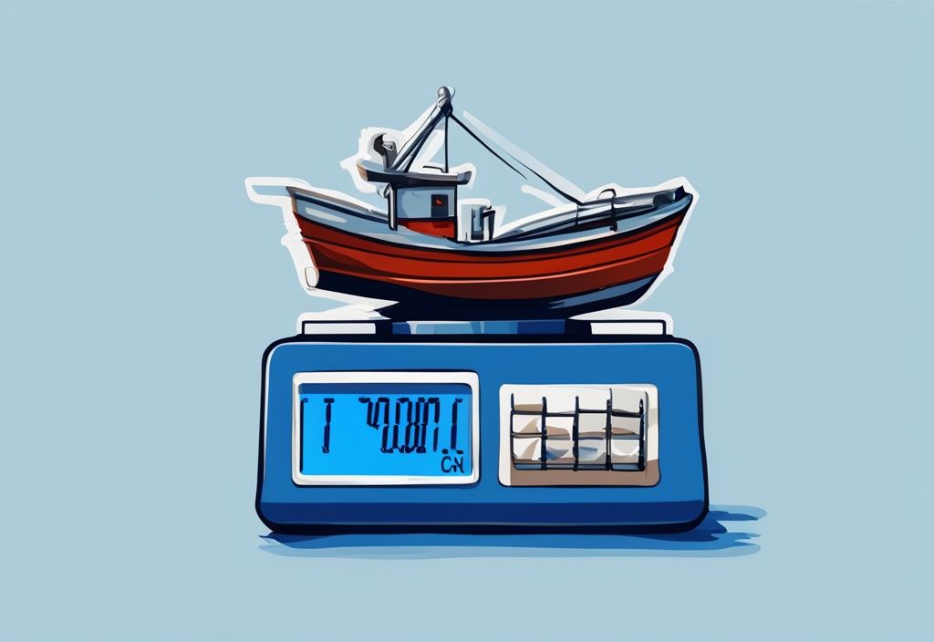 Modern digital painting of a fishing boat on a weighing scale with blue color theme and digital weight display.