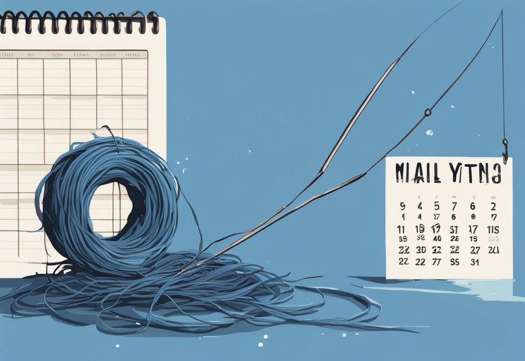 Modern digital painting of a worn-out fishing line with frayed points against a calendar background, illustrating the concept of time and durability; how long does a fishing line last.