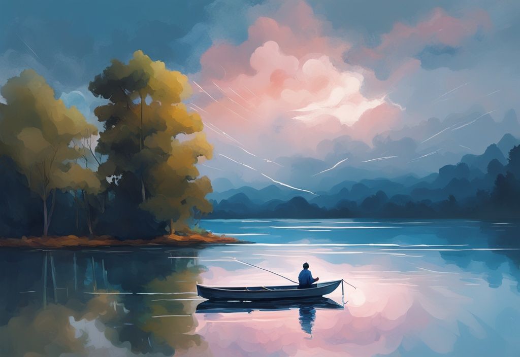 Modern digital painting of a serene lake scene with a lone fisherman on a wooden boat under a blue sky.