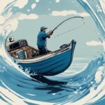 Modern digital painting of a fisherman in a boat catching a large fish leaping from the water, illustrating what is topwater fishing with a blue color theme.