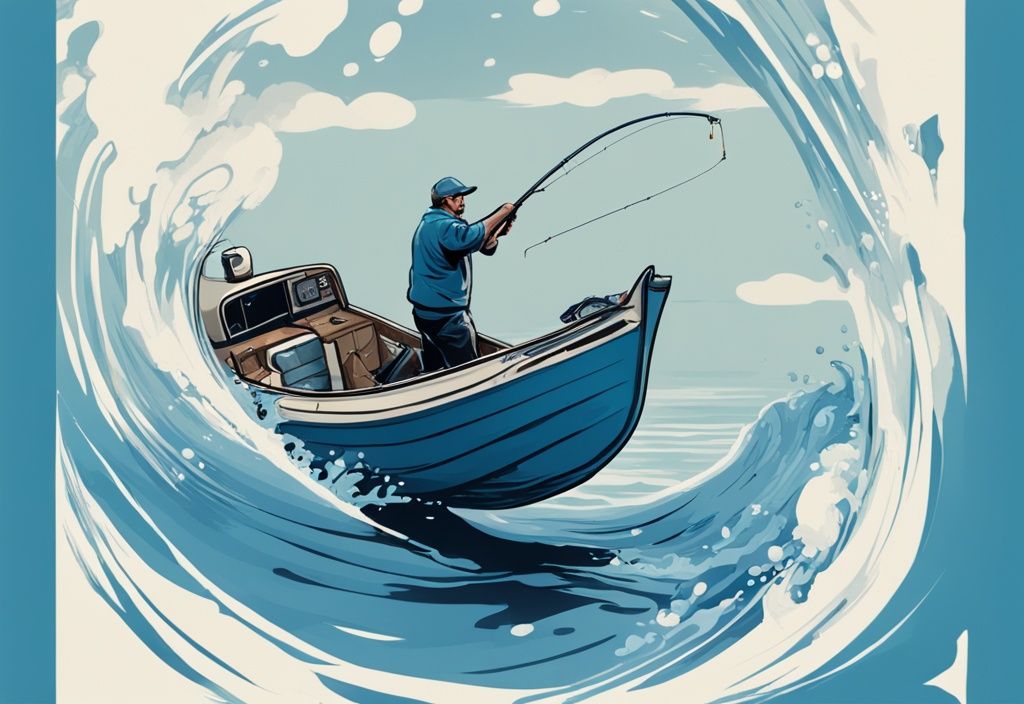 Modern digital painting of a fisherman in a boat catching a large fish leaping from the water, illustrating what is topwater fishing with a blue color theme.