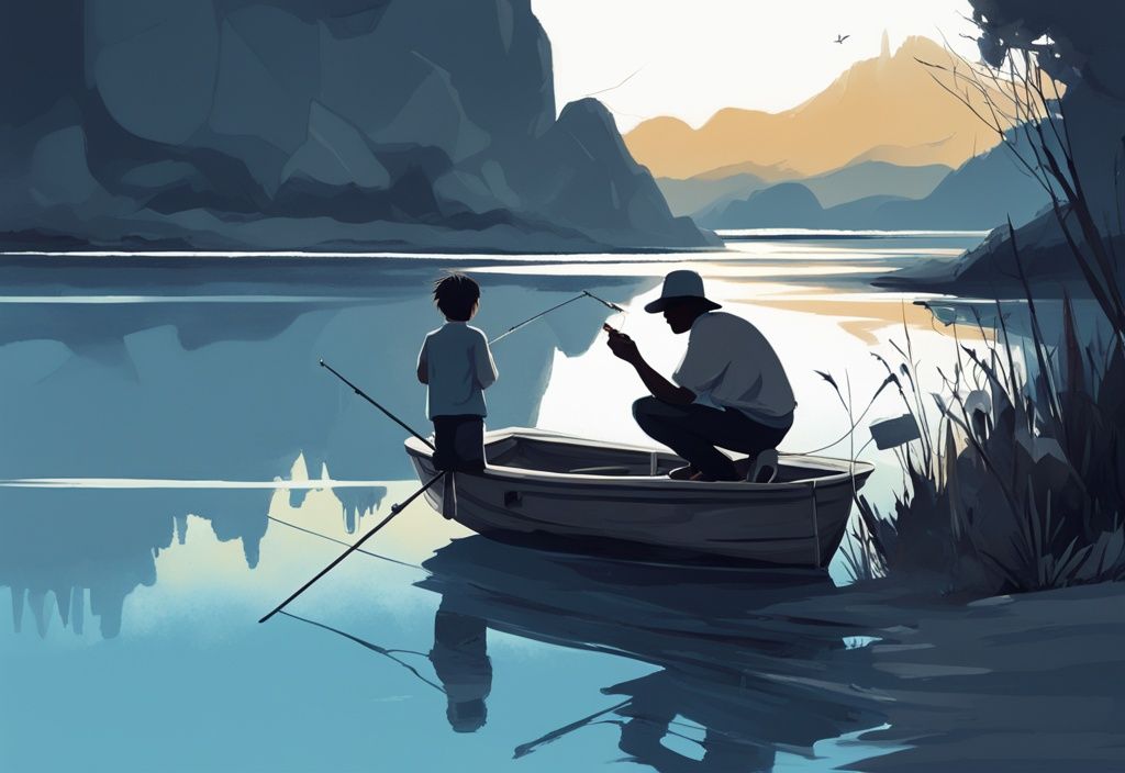 Modern digital painting of a serene blue-themed fishing scene with a fisherman whispering to a child.