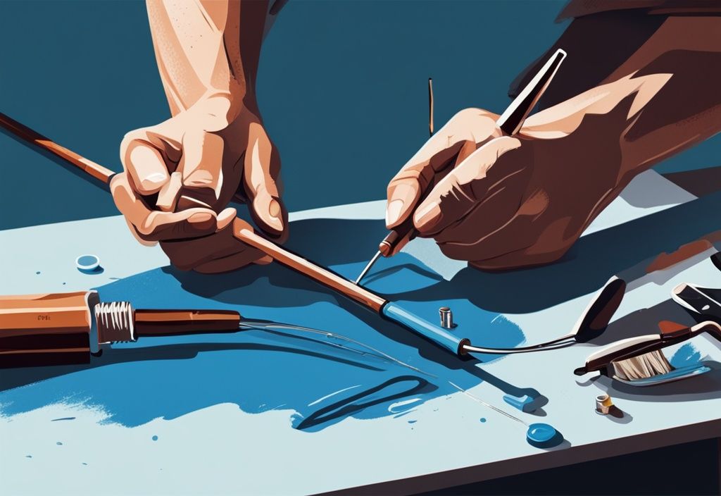 Modern digital painting illustration of skilled hands repairing a snapped fishing rod using a rod repair kit, showcasing how to fix a broken fishing rod with blue as the main color theme.