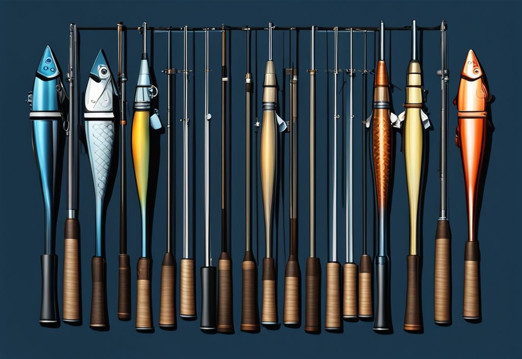 Modern digital painting of luxury fishing rods on dark wooden background, blue color theme.