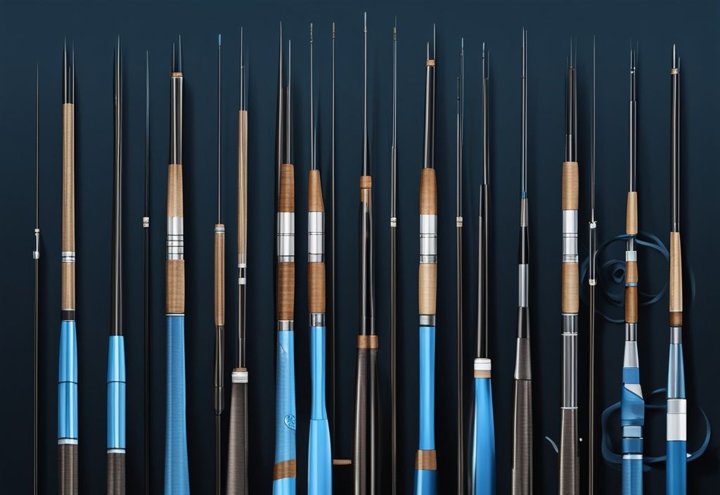 Modern digital painting of 10 luxury fishing rods on a dark wooden background, blue color theme.