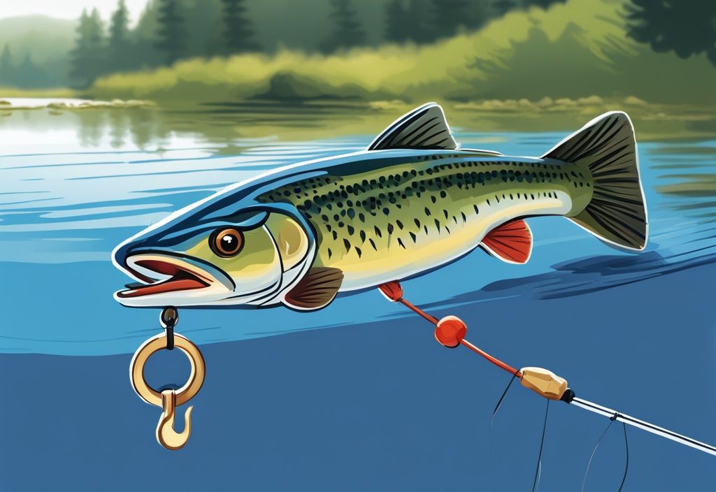 Modern digital painting of a fly fishing tippet connected to a line with a lure, set against a tranquil river scene, illustrating what is a tippet in fly fishing.