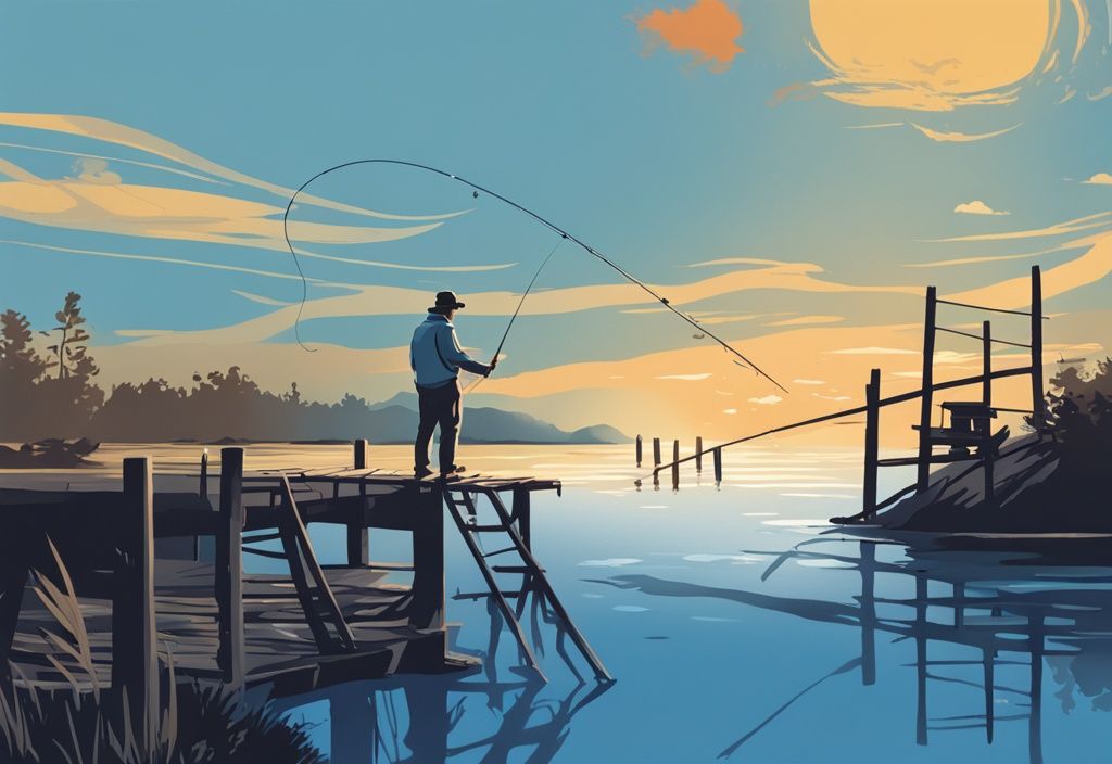 Modern digital painting of an angler on a jetty at sunset, casting a fishing line into calm blue waters.