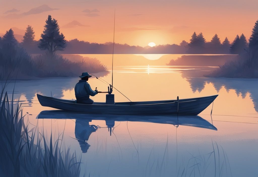 A modern digital painting of a fisherman on a serene lake at dawn, illustrating what time of day is best for fishing with a blue color theme.