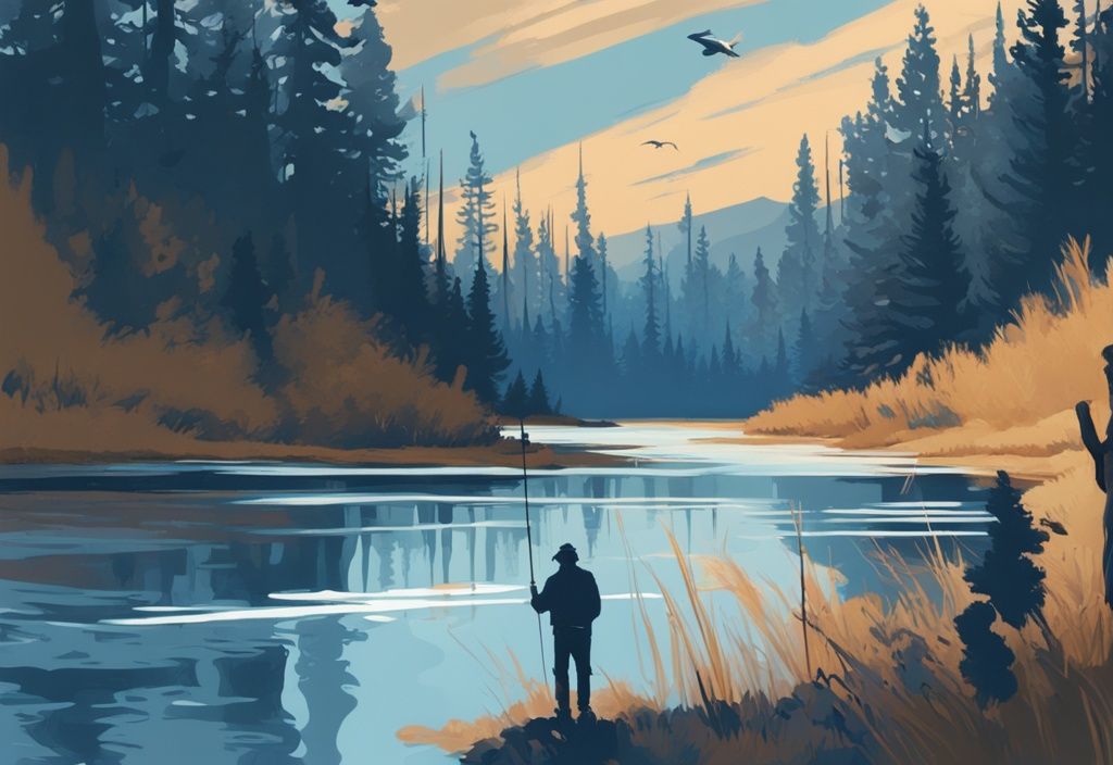 Digital painting of a person obtaining a fishing license at Montana wildlife service, blue theme