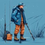 Modern digital painting of an individual in blue-themed fishing attire, illustrating what to wear when going fishing, including a waterproof jacket, water-resistant trousers, fishing hat, and boots.