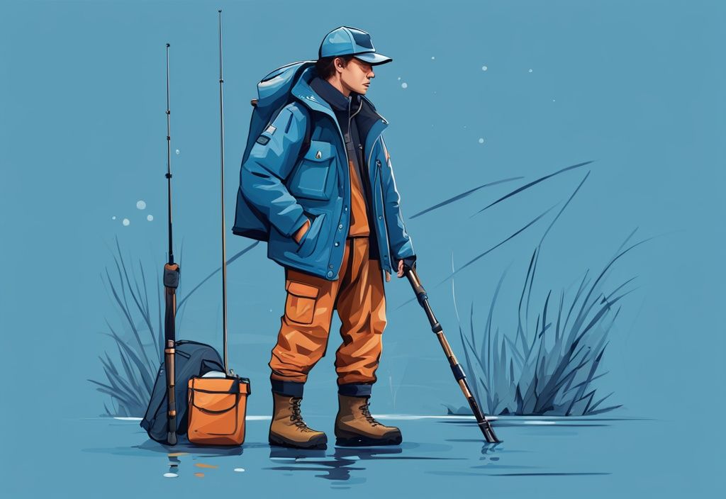 Modern digital painting of an individual in blue-themed fishing attire, illustrating what to wear when going fishing, including a waterproof jacket, water-resistant trousers, fishing hat, and boots.