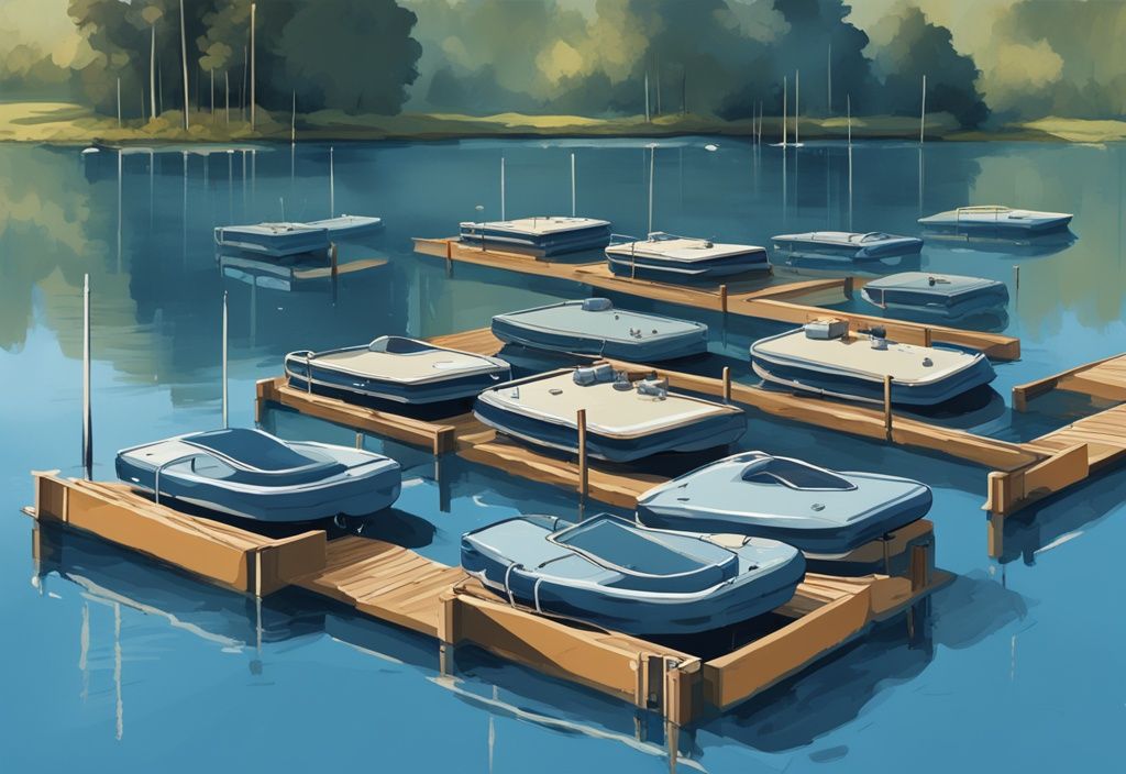 Modern digital painting of ten diverse fishing pontoons on a serene lake, featuring a blue color theme and emphasizing unique pontoon features.