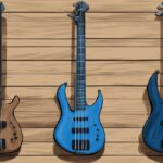 Modern digital painting of the best 5 bass rods on a rugged wooden surface, highlighting unique features and top performance in a blue color theme.