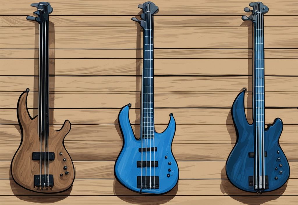 Modern digital painting of the best 5 bass rods on a rugged wooden surface, highlighting unique features and top performance in a blue color theme.