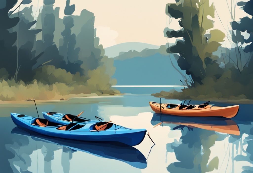 Modern digital painting of five affordable fishing kayaks under $1000 on a serene riverside, blue color theme