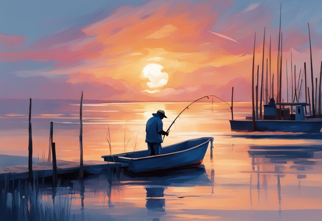 Modern digital painting of a fisherman at sunset on Dauphin Island's tranquil shores, blue color theme.