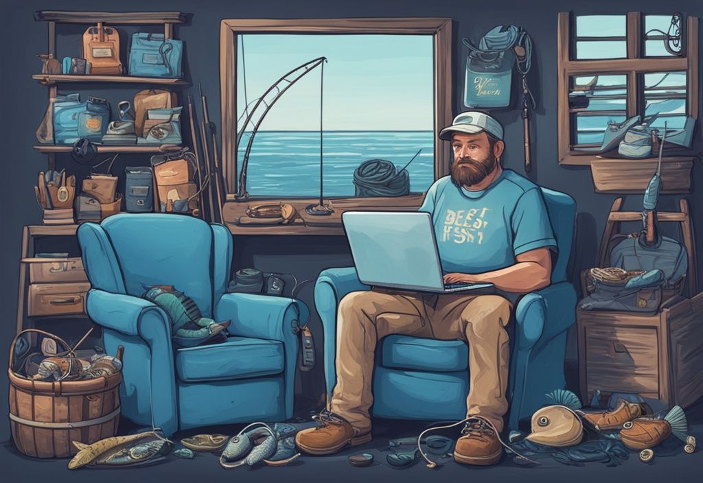 Modern digital painting of a fisherman in an armchair using a laptop with "The Best Online Fishing Store" tagline, blue color theme.