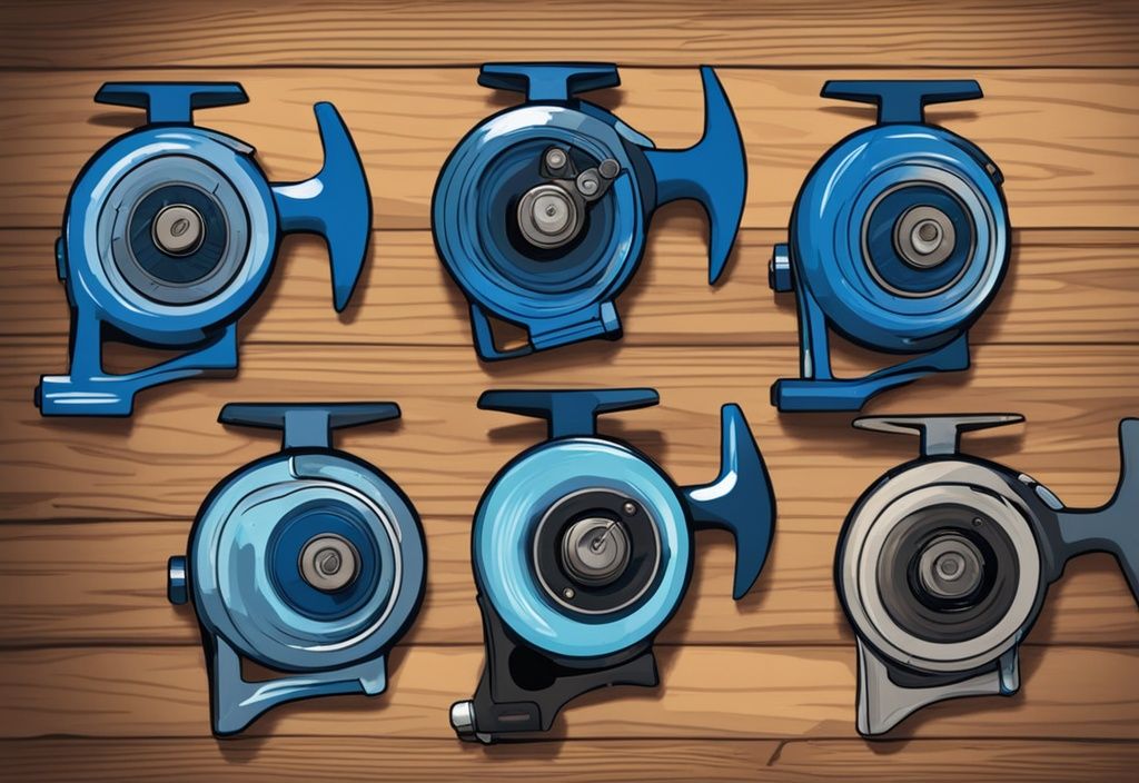 Modern digital painting of five affordable spinning reels under $100 on rustic wooden table, blue color theme.