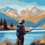 Modern digital painting of a person happily displaying their newly obtained fishing license in Montana, set against a backdrop of blue-themed rivers and mountain range.