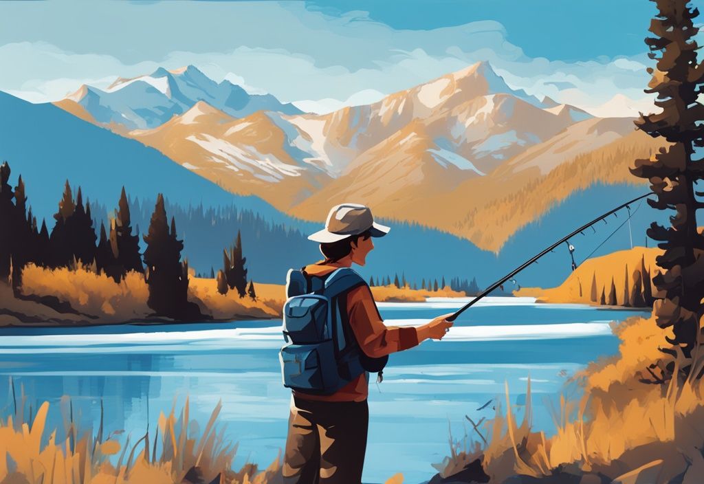 Modern digital painting of a person happily displaying their newly obtained fishing license in Montana, set against a backdrop of blue-themed rivers and mountain range.