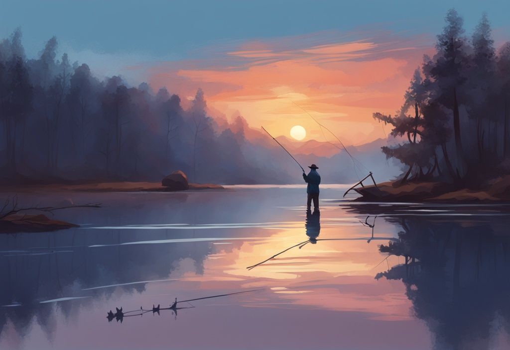 Modern digital painting of a fisherman by a serene lake at sunrise, blue color theme