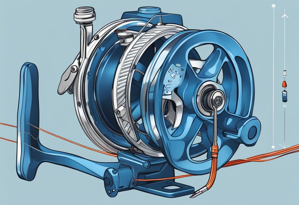 Modern digital painting of a blue fishing reel with highlighted drag system, arrows pointing to key components, and max drag force scale.