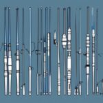 Modern digital painting of fishing rods in blue theme, showcasing different lengths with dimensions marked for easy comparison, answering the question: what length fishing rod do I need.