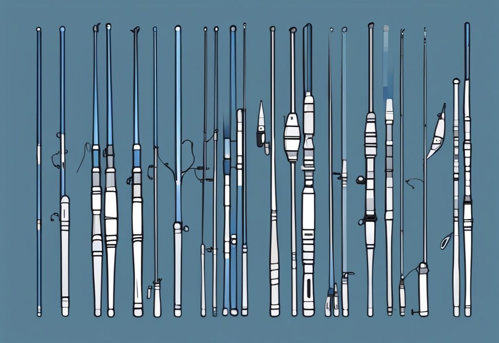 Modern digital painting of fishing rods in blue theme, showcasing different lengths with dimensions marked for easy comparison, answering the question: what length fishing rod do I need.