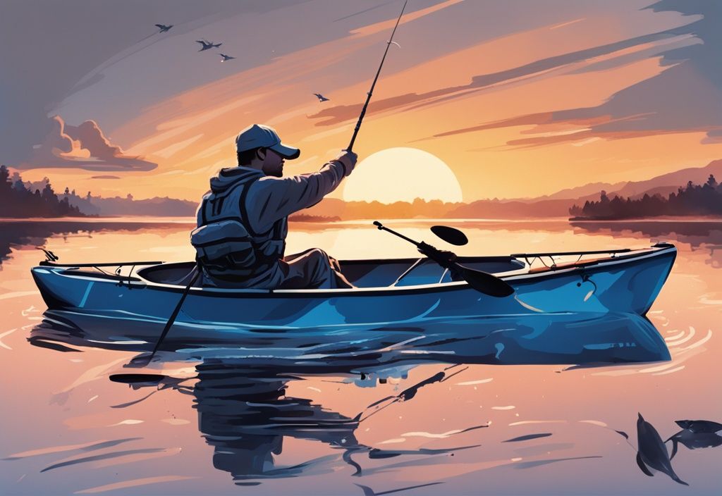 Modern digital painting of an angler in a kayak casting a topwater lure at sunrise on a serene blue-themed lake.