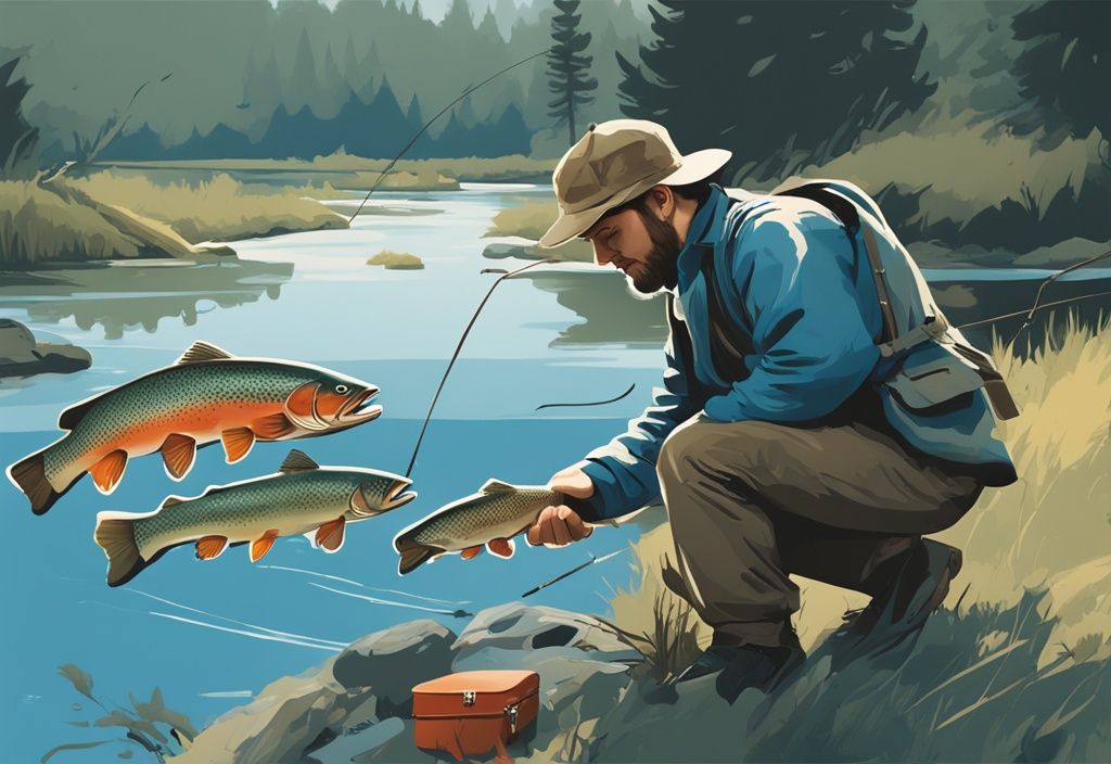 Trout fisherman selecting pound test line on riverbank with trout by side in modern digital painting illustration, blue color theme.