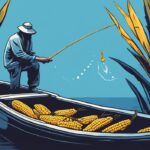 Modern digital painting of a perplexed fisherman on a boat with a corn on his hook, overlaid with a 'no' symbol, illustrating the concept of illegal corn fishing; why is fishing with corn illegal.