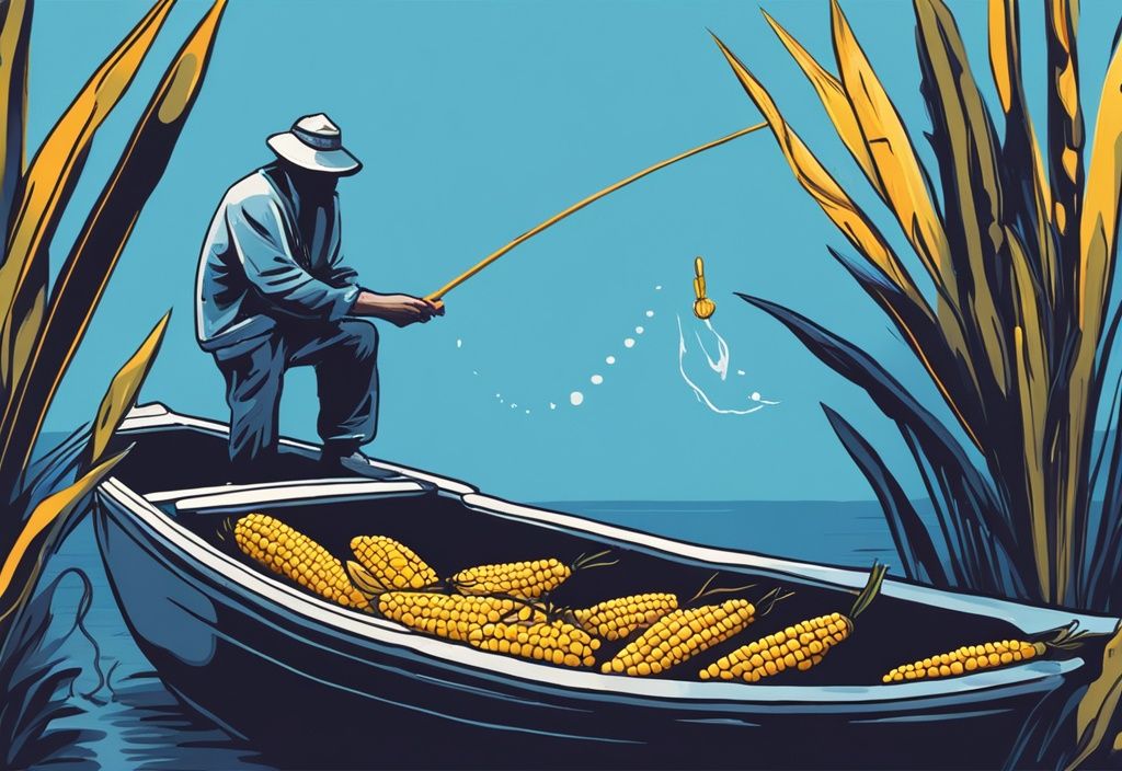 Modern digital painting of a perplexed fisherman on a boat with a corn on his hook, overlaid with a 'no' symbol, illustrating the concept of illegal corn fishing; why is fishing with corn illegal.